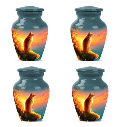 Ocean Teal Cat Cremation Urn side profile showing urn shape - timeless cat motif etched into premium metal - 10 inch aluminum urn for cremated remains
