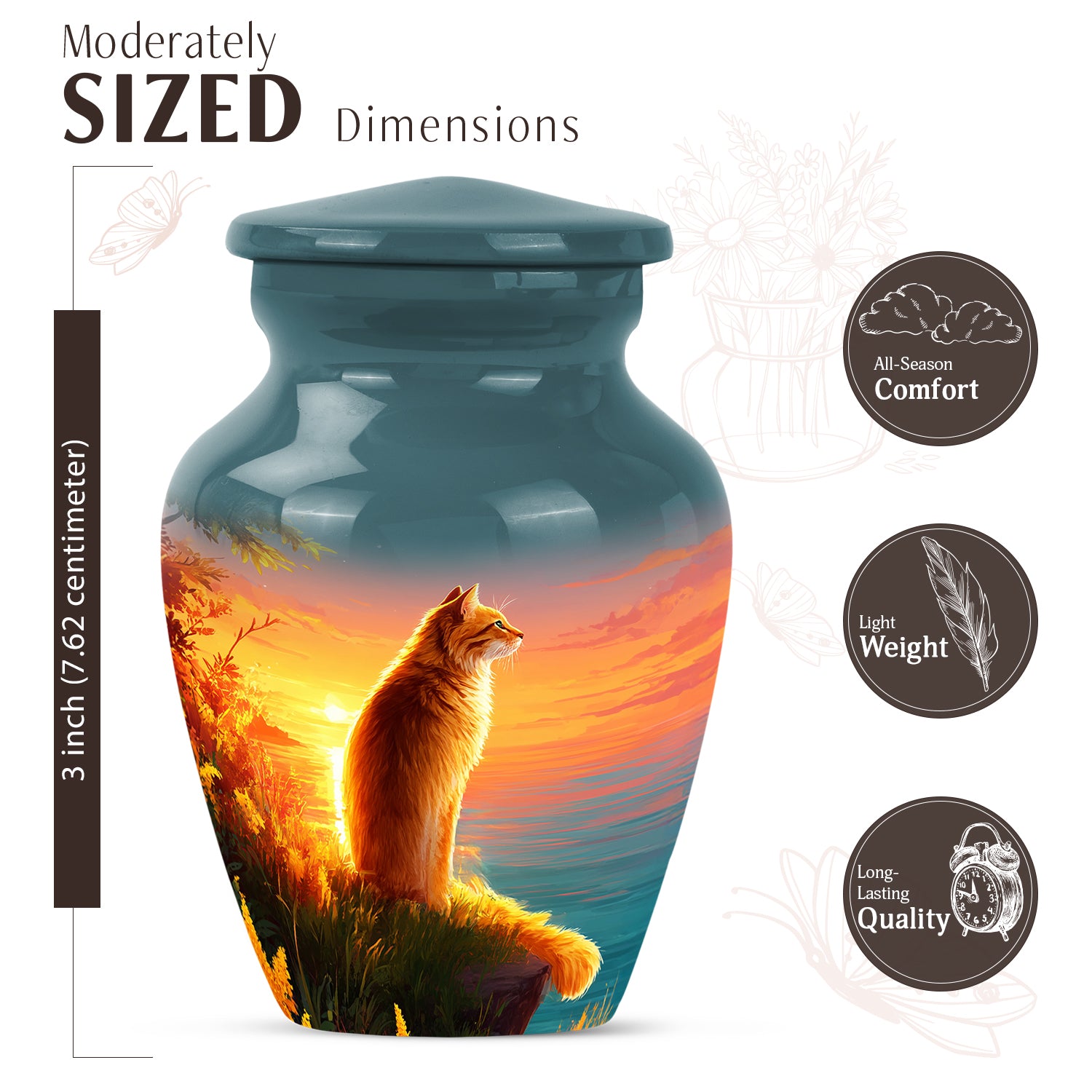 Jewel Teal Cat Cremation Urn close-up of engraving and surface detail - classic sculpted cat pattern on smooth aluminum - mini keepsake memorial for portion of cremation ashes