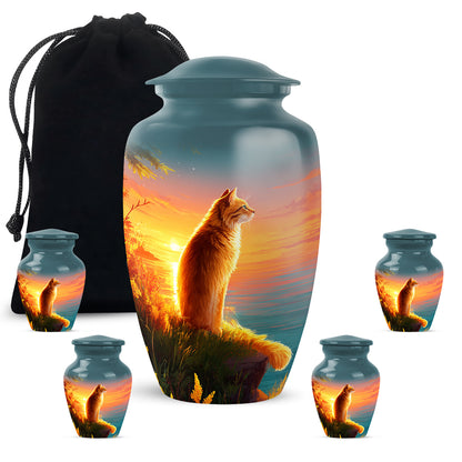 Tropical Teal Cat Cremation Urn top-down view of secure threaded lid - elegant classic cat relief with fine detailing - memorial set with one large and four small urns