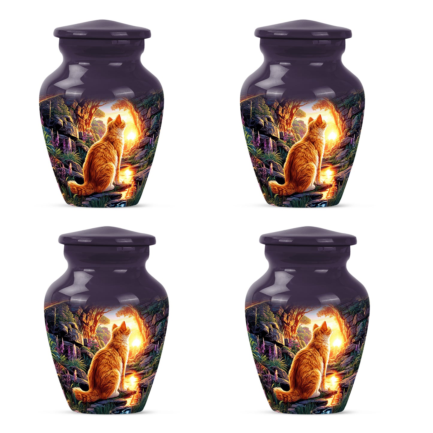 Royal Purple Cat Cremation Urn side profile showing urn shape - traditional cat engraving with hand-polished finish - 10 inch aluminum urn for cremated remains