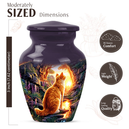 Plum Purple Cat Cremation Urn close-up of engraving and surface detail - timeless cat motif etched into premium metal - mini keepsake memorial for portion of cremation ashes