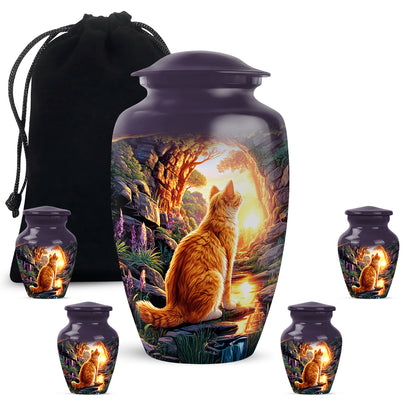 Royal Purple Cat Cremation Urn top-down view of secure threaded lid - elegant classic cat relief with fine detailing - memorial set with one large and four small urns