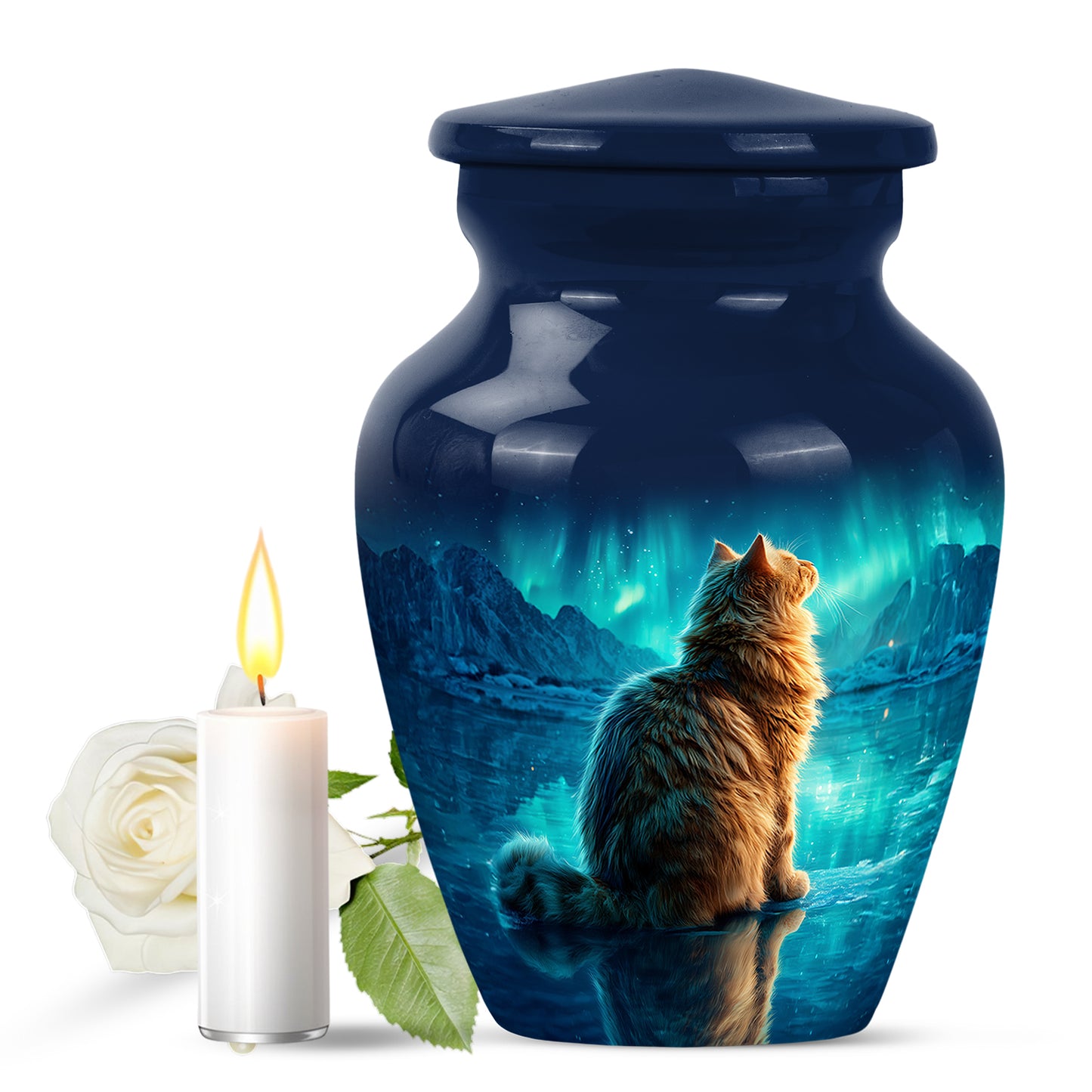 Blue Resounding Cat Memorial Urn for Ashes - 10-inch, 200 cu in - Yatskia