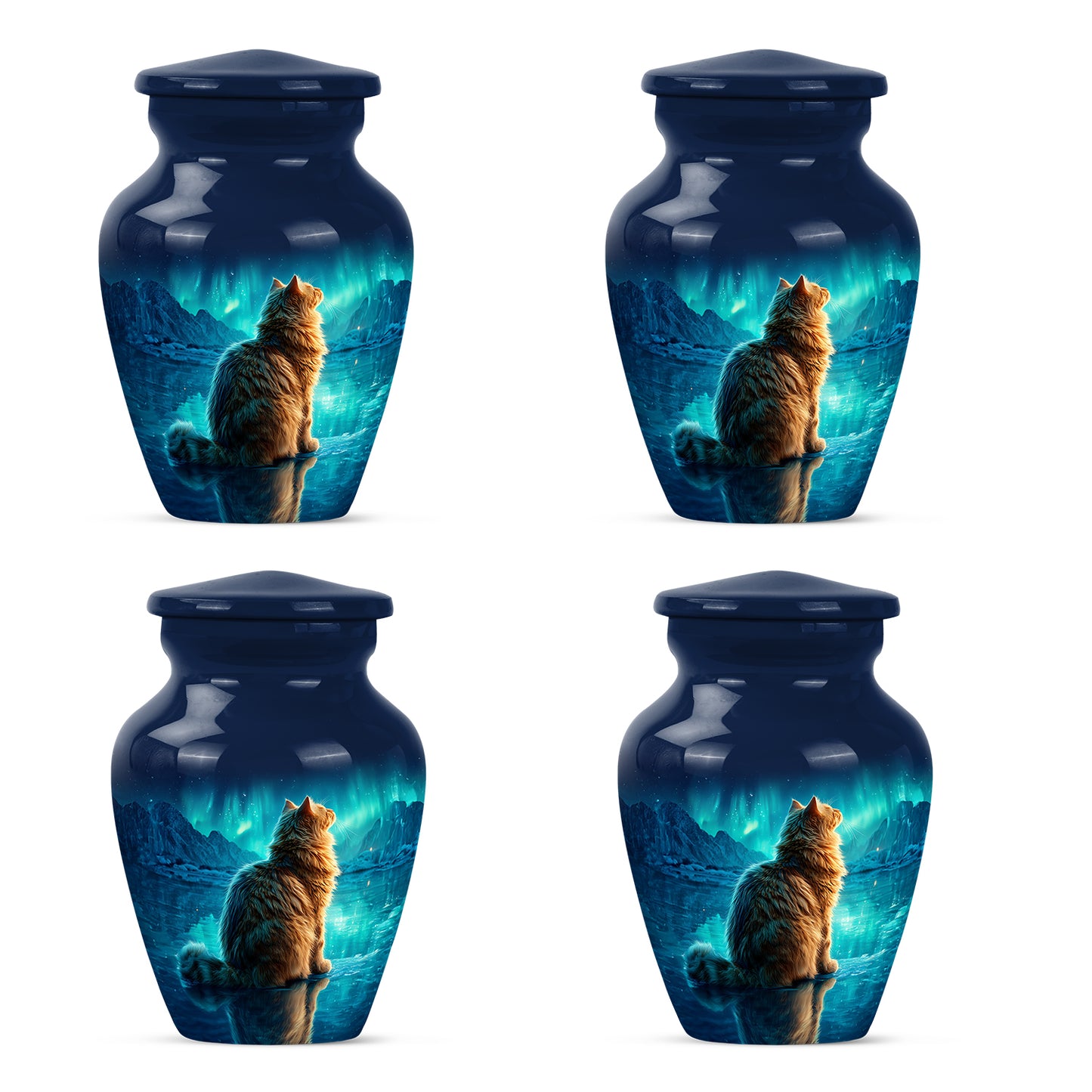 Cobalt Blue Cat Cremation Urn side profile showing urn shape - traditional cat engraving with hand-polished finish - 10 inch aluminum urn for cremated remains