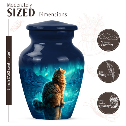 Slate Blue Cat Cremation Urn close-up of engraving and surface detail - timeless cat motif etched into premium metal - mini keepsake memorial for portion of cremation ashes