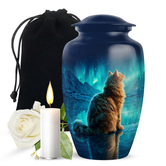Twilight Blue Cat Cremation Urn angled view of lid and engraved motif - elegant classic cat relief with fine detailing - full-size 10 inch 200 cubic inch adult cremation urn
