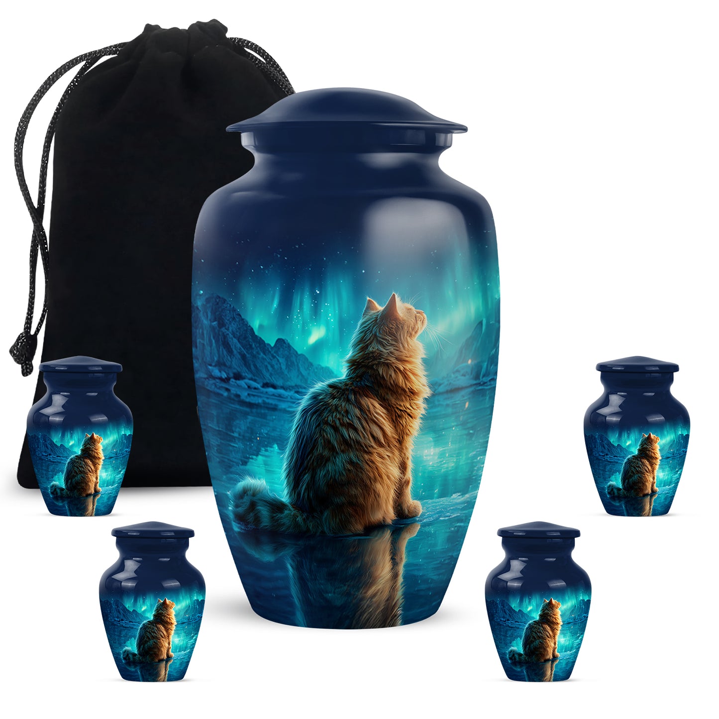Azure Cat Cremation Urn top-down view of secure threaded lid - timeless cat motif etched into premium metal - memorial set with one large and four small urns