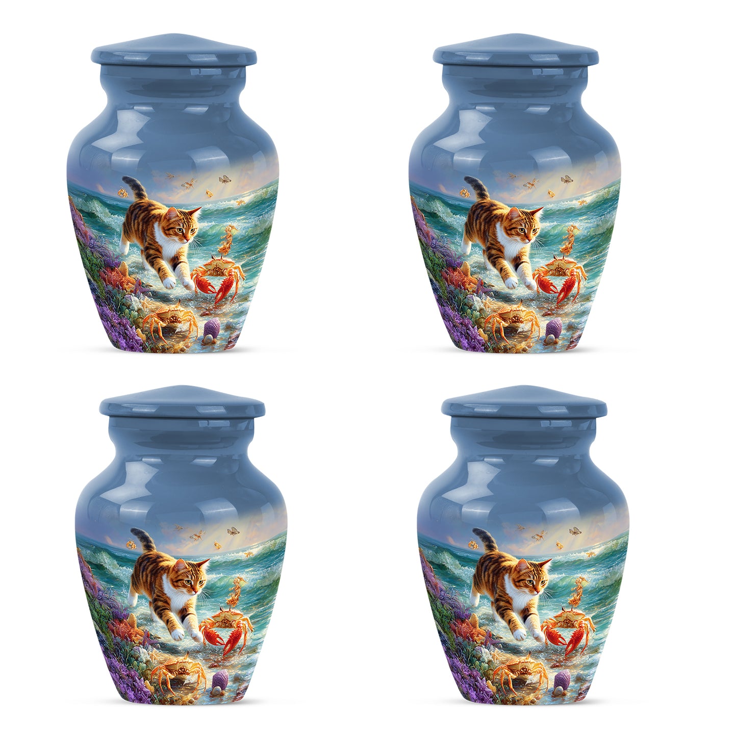 Powder Blue Cat Cremation Urn side profile showing urn shape - classic sculpted cat pattern on smooth aluminum - 10 inch aluminum urn for cremated remains