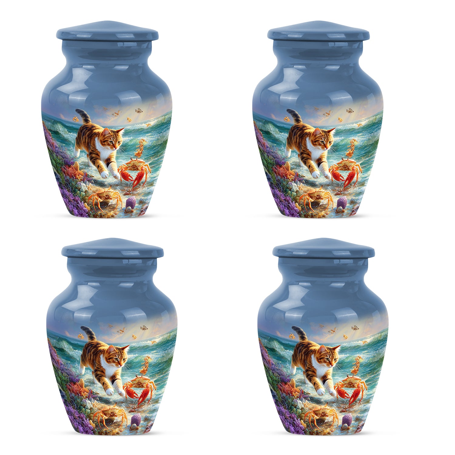 Powder Blue Cat Cremation Urn side profile showing urn shape - classic sculpted cat pattern on smooth aluminum - 10 inch aluminum urn for cremated remains