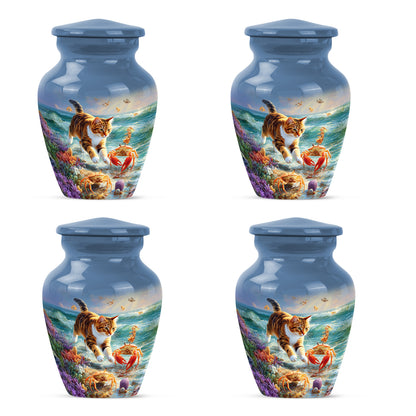 Powder Blue Cat Cremation Urn side profile showing urn shape - classic sculpted cat pattern on smooth aluminum - 10 inch aluminum urn for cremated remains