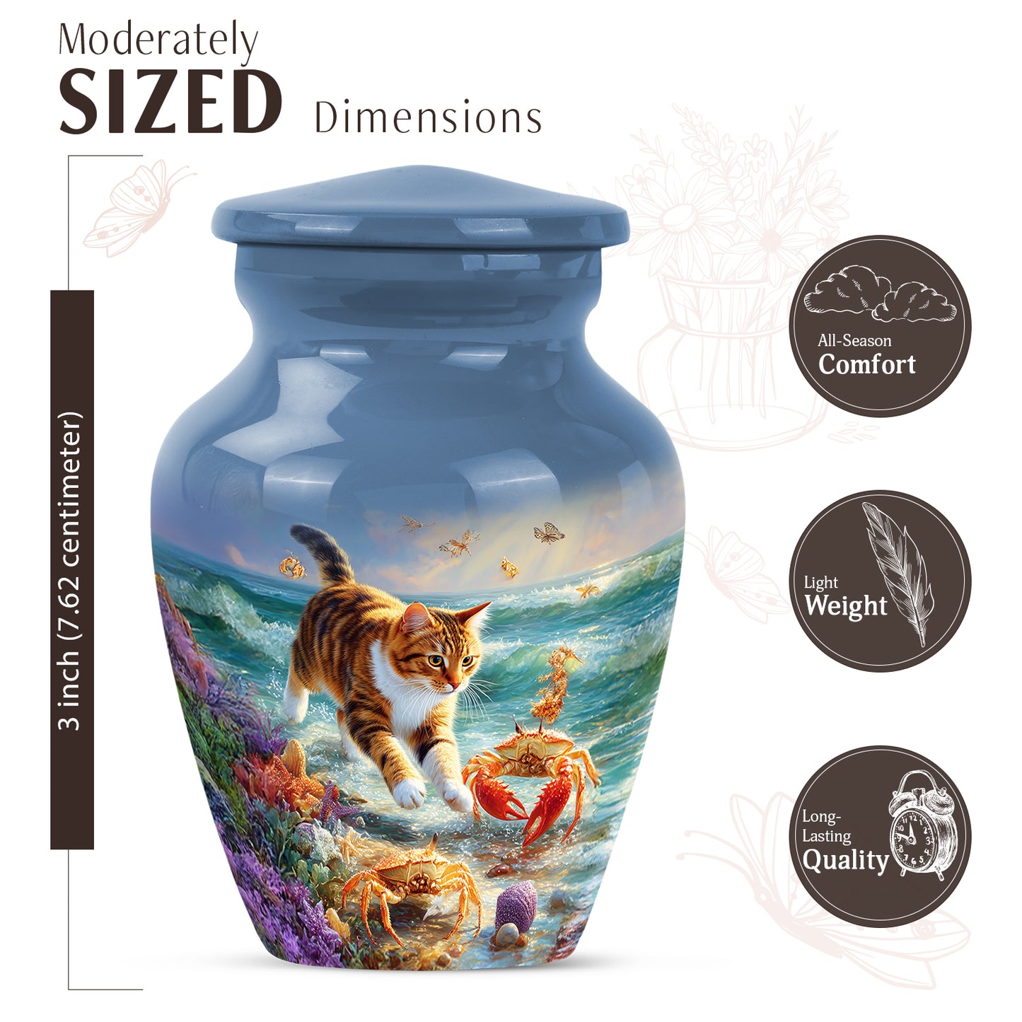 Cornflower Blue Cat Cremation Urn close-up of engraving and surface detail - traditional cat engraving with hand-polished finish - mini keepsake memorial for portion of cremation ashes