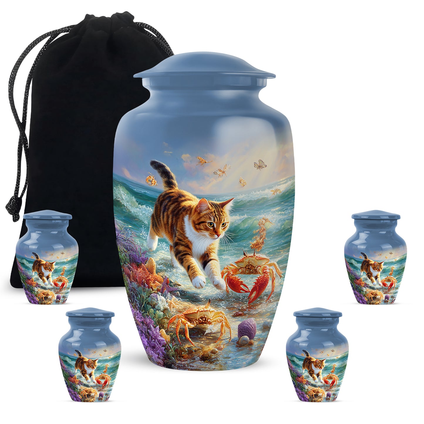 Calming Blue Cat Cremation Urn top-down view of secure threaded lid - elegant classic cat relief with fine detailing - memorial set with one large and four small urns