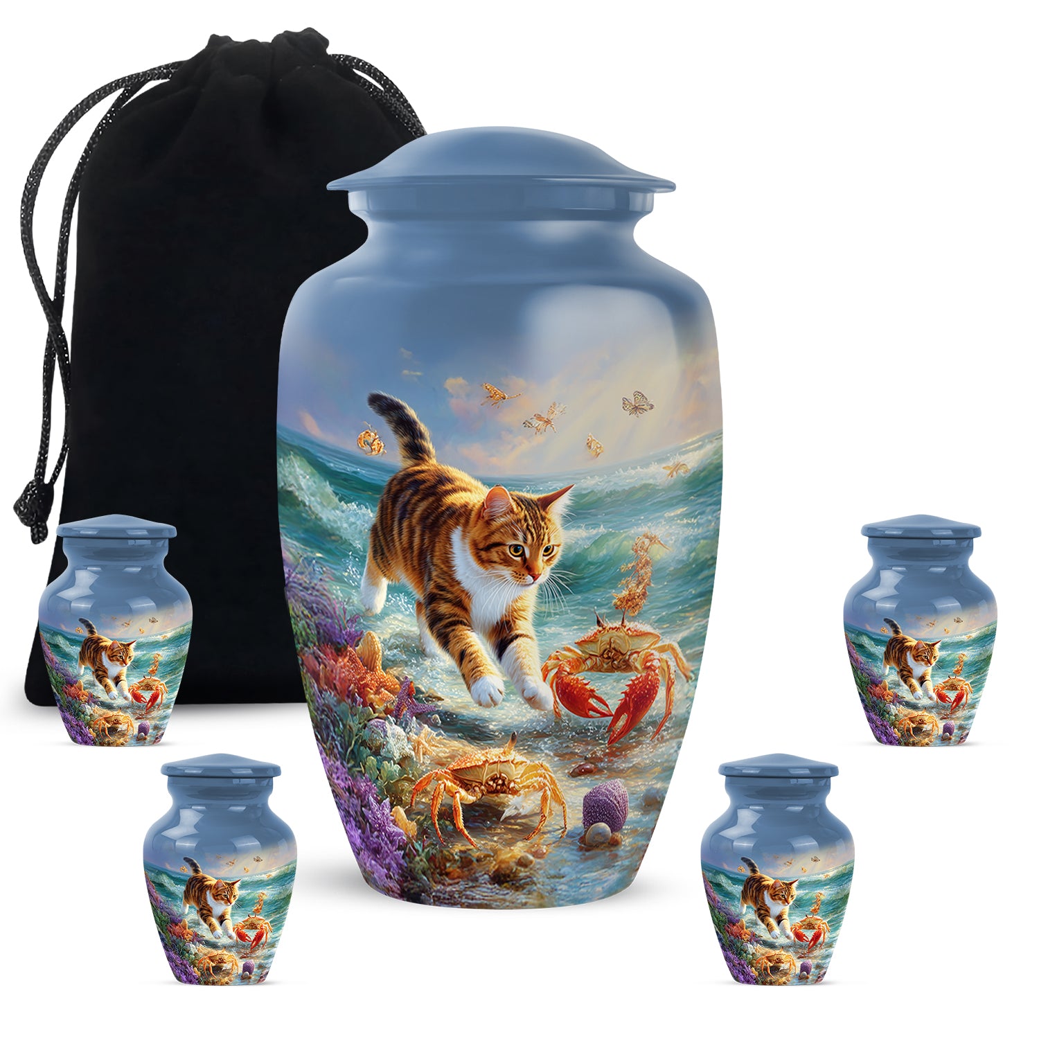 Calming Blue Cat Cremation Urn top-down view of secure threaded lid - elegant classic cat relief with fine detailing - memorial set with one large and four small urns