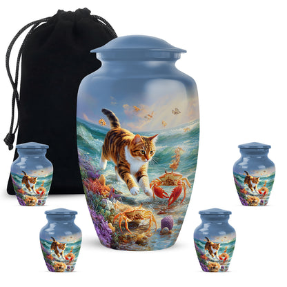 Calming Blue Cat Cremation Urn top-down view of secure threaded lid - elegant classic cat relief with fine detailing - memorial set with one large and four small urns