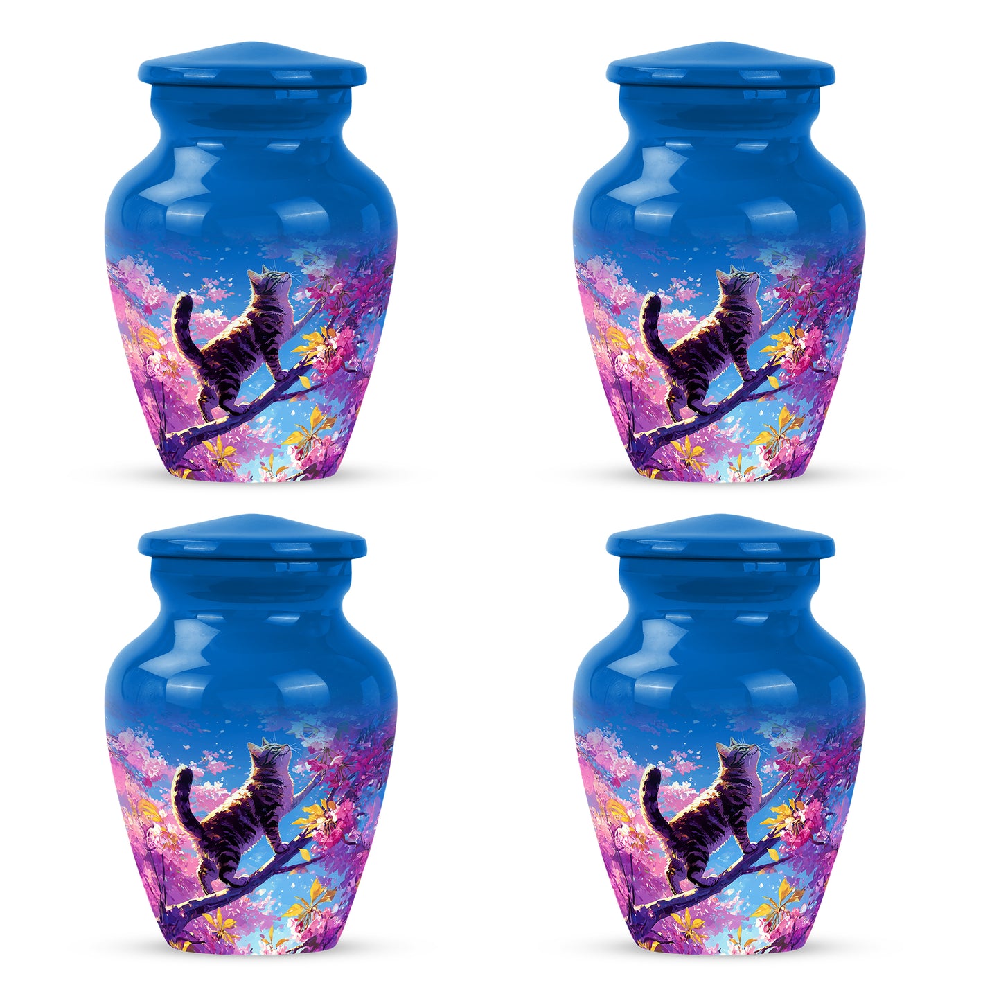 Indigo Cat Cremation Urn side profile showing urn shape - timeless cat motif etched into premium metal - 10 inch aluminum urn for cremated remains