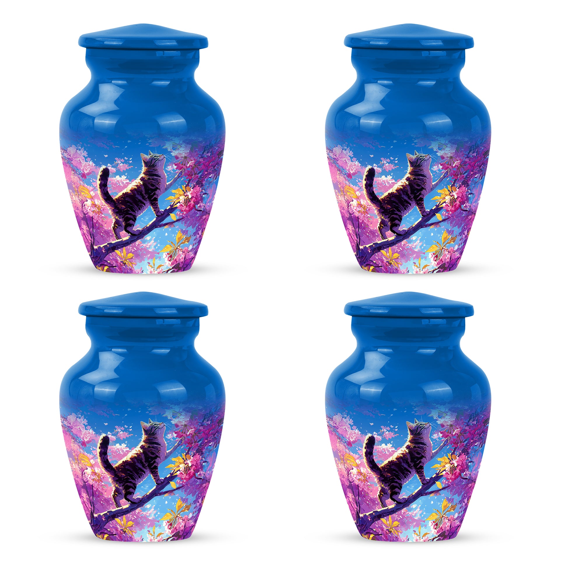 Indigo Cat Cremation Urn side profile showing urn shape - timeless cat motif etched into premium metal - 10 inch aluminum urn for cremated remains