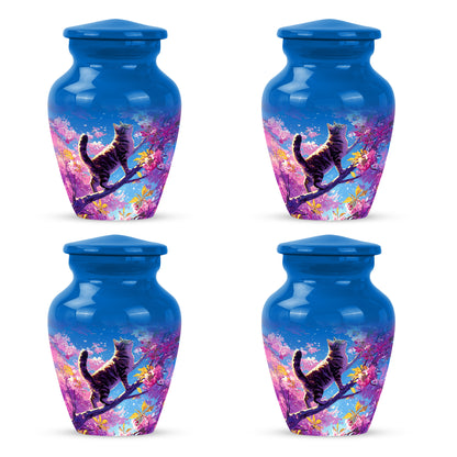 Indigo Cat Cremation Urn side profile showing urn shape - timeless cat motif etched into premium metal - 10 inch aluminum urn for cremated remains