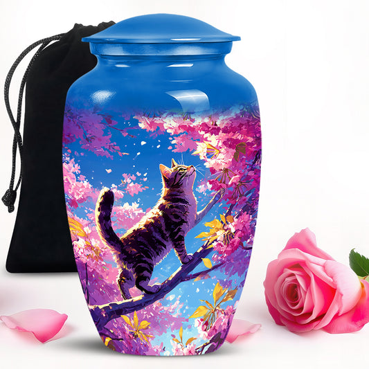 Cornflower Blue Cat Cremation Urn angled view of lid and engraved motif - traditional cat engraving with hand-polished finish - full-size 10 inch 200 cubic inch adult cremation urn
