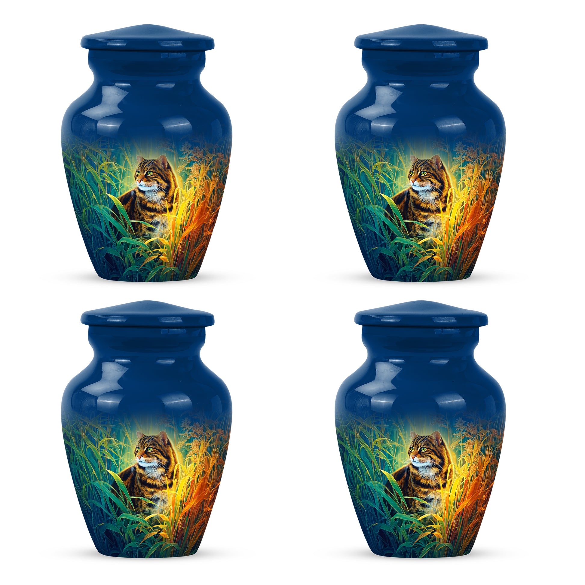 Navy Blue Cat Cremation Urn side profile showing urn shape - timeless cat motif etched into premium metal - 10 inch aluminum urn for cremated remains