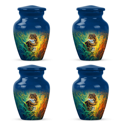 Navy Blue Cat Cremation Urn side profile showing urn shape - timeless cat motif etched into premium metal - 10 inch aluminum urn for cremated remains