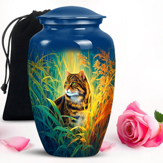 Sapphire Blue Cat Cremation Urn angled view of lid and engraved motif - traditional cat engraving with hand-polished finish - full-size 10 inch 200 cubic inch adult cremation urn