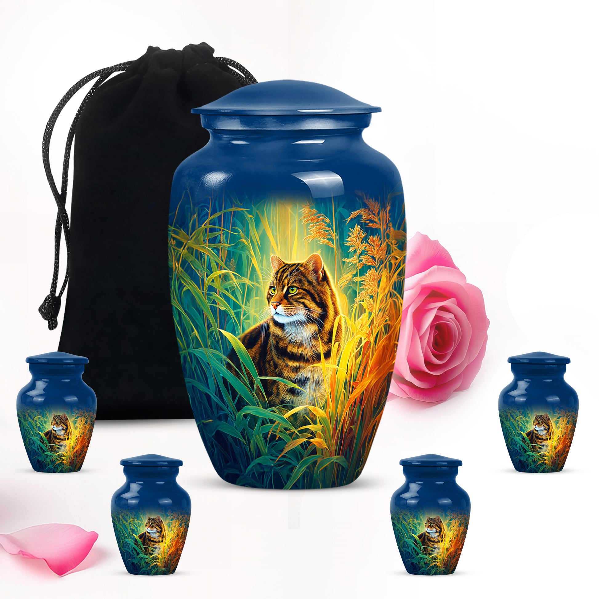 Sky Blue Cat Cremation Urn top-down view of secure threaded lid - classic sculpted cat pattern on smooth aluminum - memorial set with one large and four small urns