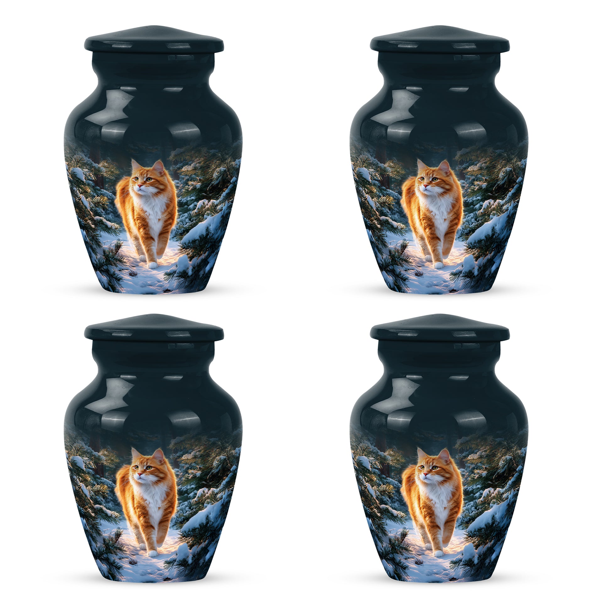 Royal Blue Cat Cremation Urn side profile showing urn shape - traditional cat engraving with hand-polished finish - 10 inch aluminum urn for cremated remains