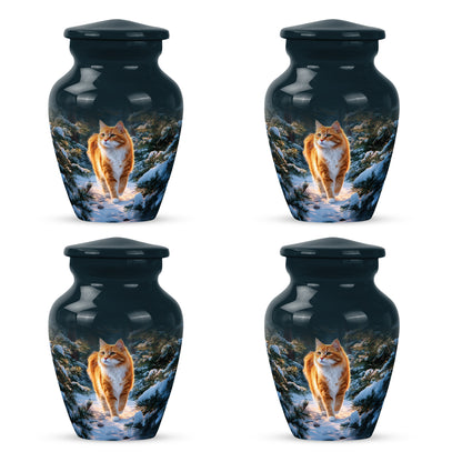 Royal Blue Cat Cremation Urn side profile showing urn shape - traditional cat engraving with hand-polished finish - 10 inch aluminum urn for cremated remains
