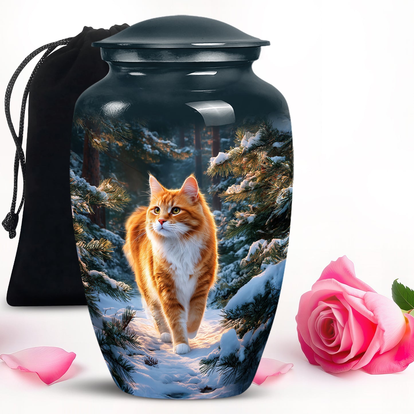 Twilight Blue Cat Cremation Urn angled view of lid and engraved motif - elegant classic cat relief with fine detailing - full-size 10 inch 200 cubic inch adult cremation urn