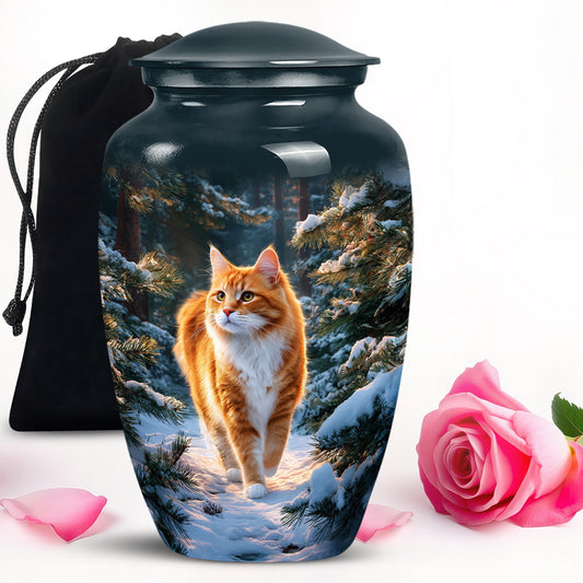 Twilight Blue Cat Cremation Urn angled view of lid and engraved motif - elegant classic cat relief with fine detailing - full-size 10 inch 200 cubic inch adult cremation urn