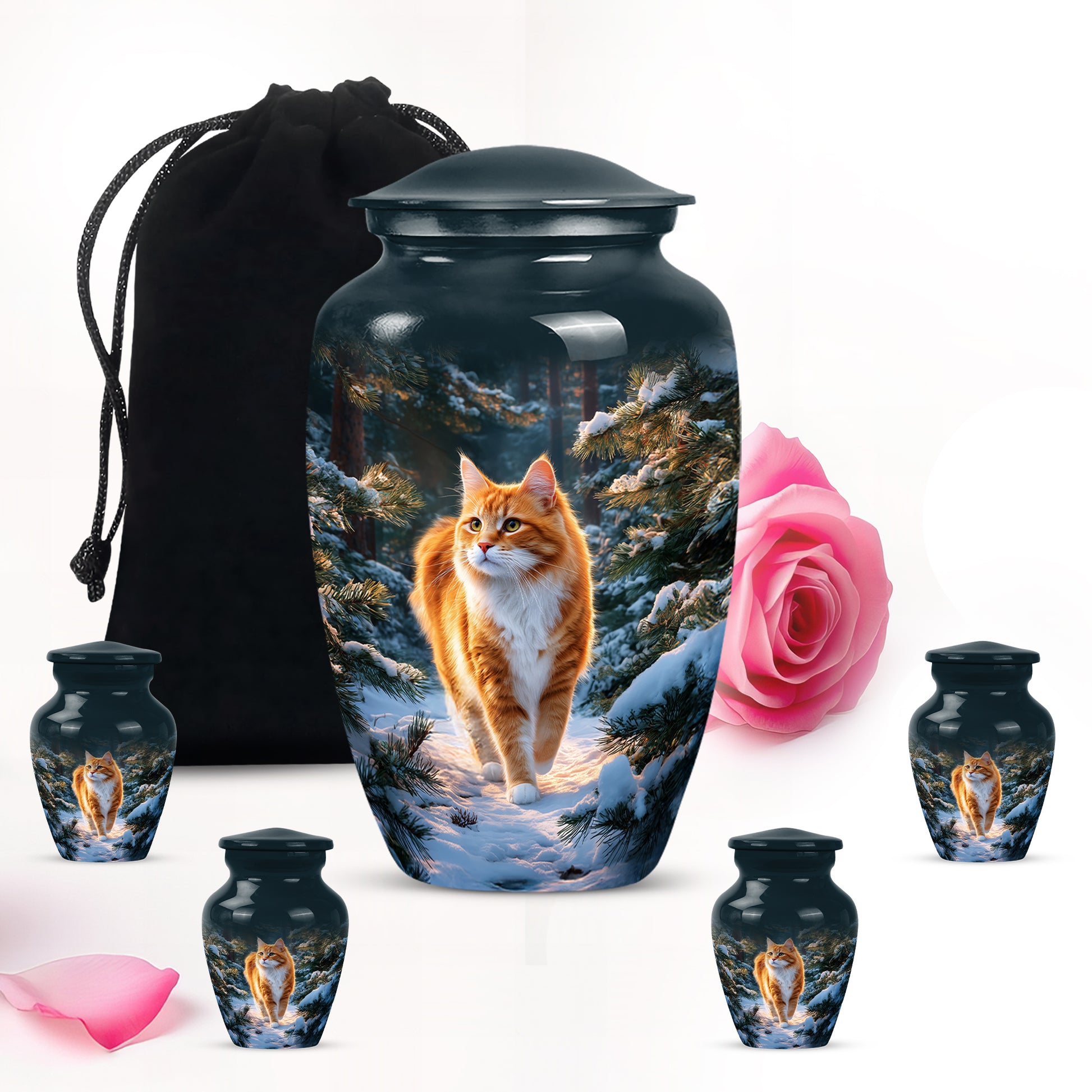 Serene Blue Cat Cremation Urn top-down view of secure threaded lid - traditional cat engraving with hand-polished finish - memorial set with one large and four small urns