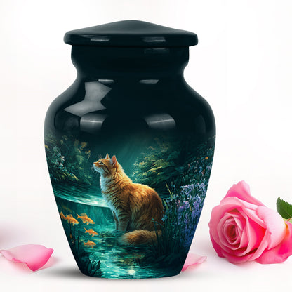 Teal Comforting Cat Memorial Urn for Ashes - 10-inch, 200 cu in - Yatskia