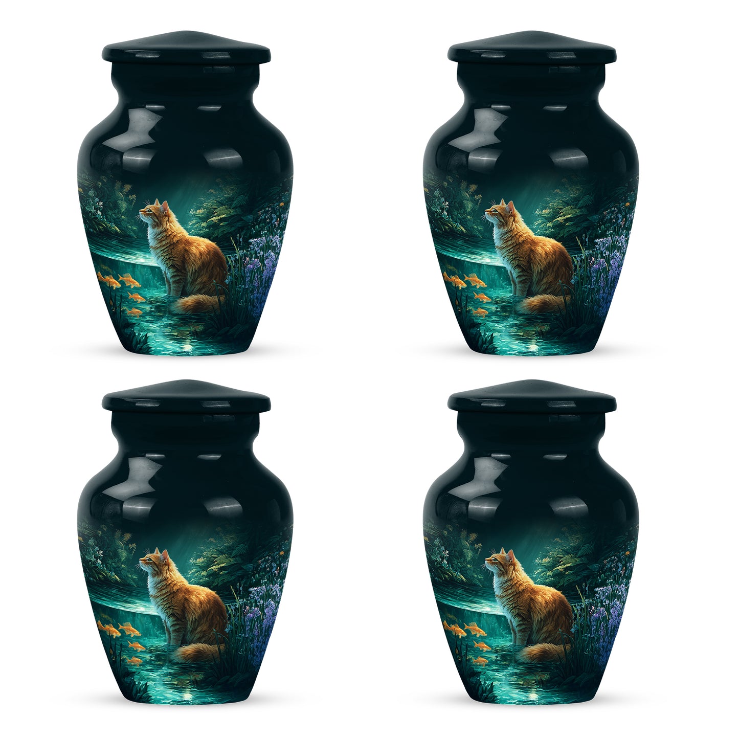 Sea Green Teal Cat Cremation Urn side profile showing urn shape - classic sculpted cat pattern on smooth aluminum - 10 inch aluminum urn for cremated remains
