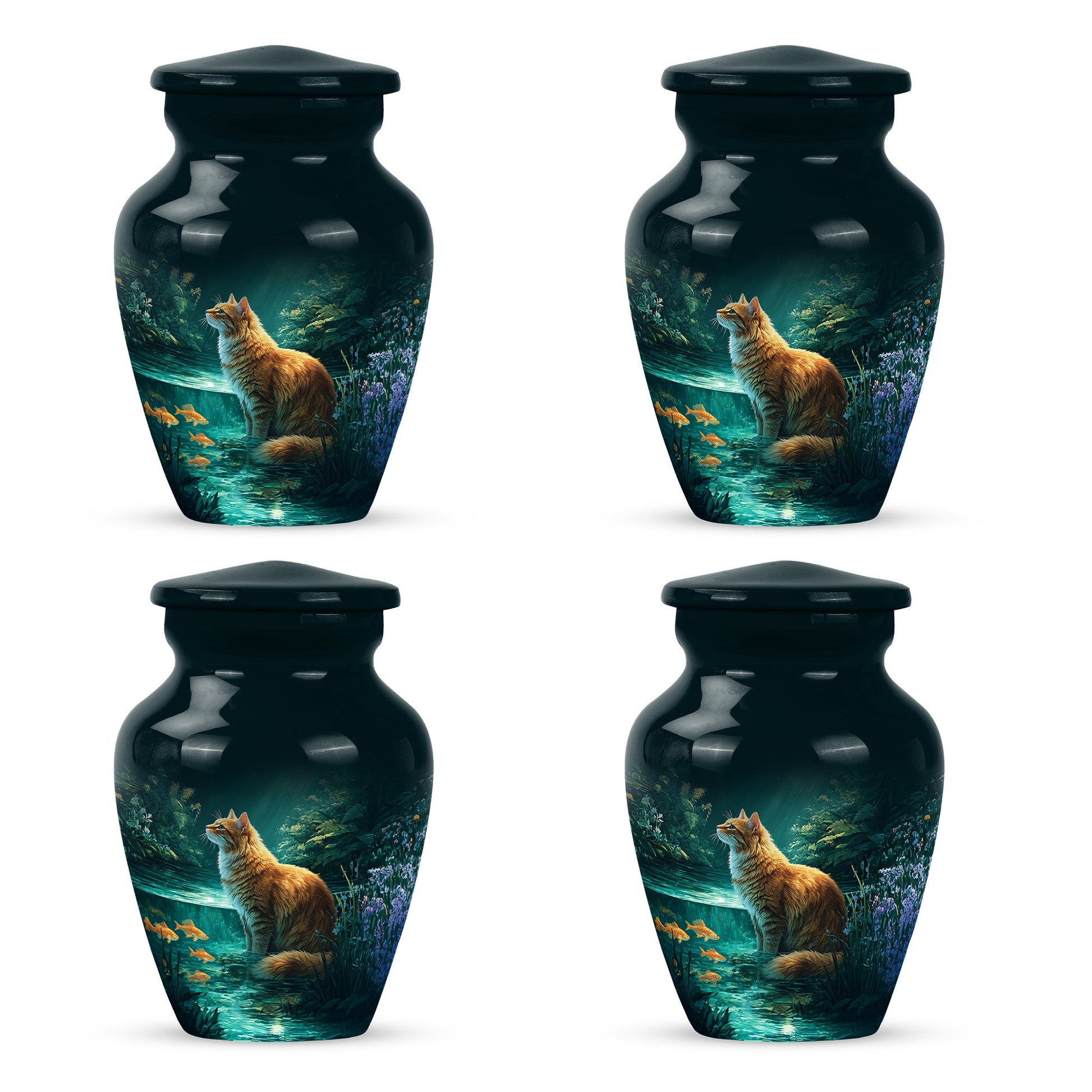 Sea Green Teal Cat Cremation Urn side profile showing urn shape - classic sculpted cat pattern on smooth aluminum - 10 inch aluminum urn for cremated remains