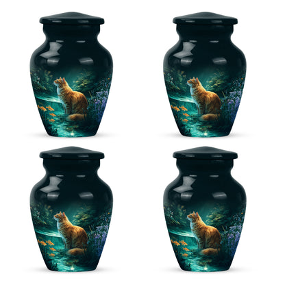 Sea Green Teal Cat Cremation Urn side profile showing urn shape - classic sculpted cat pattern on smooth aluminum - 10 inch aluminum urn for cremated remains
