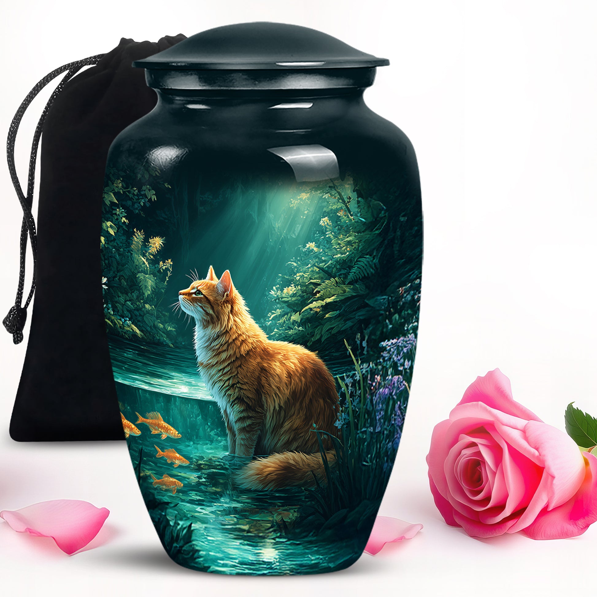 Vivid Teal Cat Cremation Urn angled view of lid and engraved motif - elegant classic cat relief with fine detailing - full-size 10 inch 200 cubic inch adult cremation urn