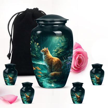 Soft Teal Cat Cremation Urn top-down view of secure threaded lid - timeless cat motif etched into premium metal - memorial set with one large and four small urns