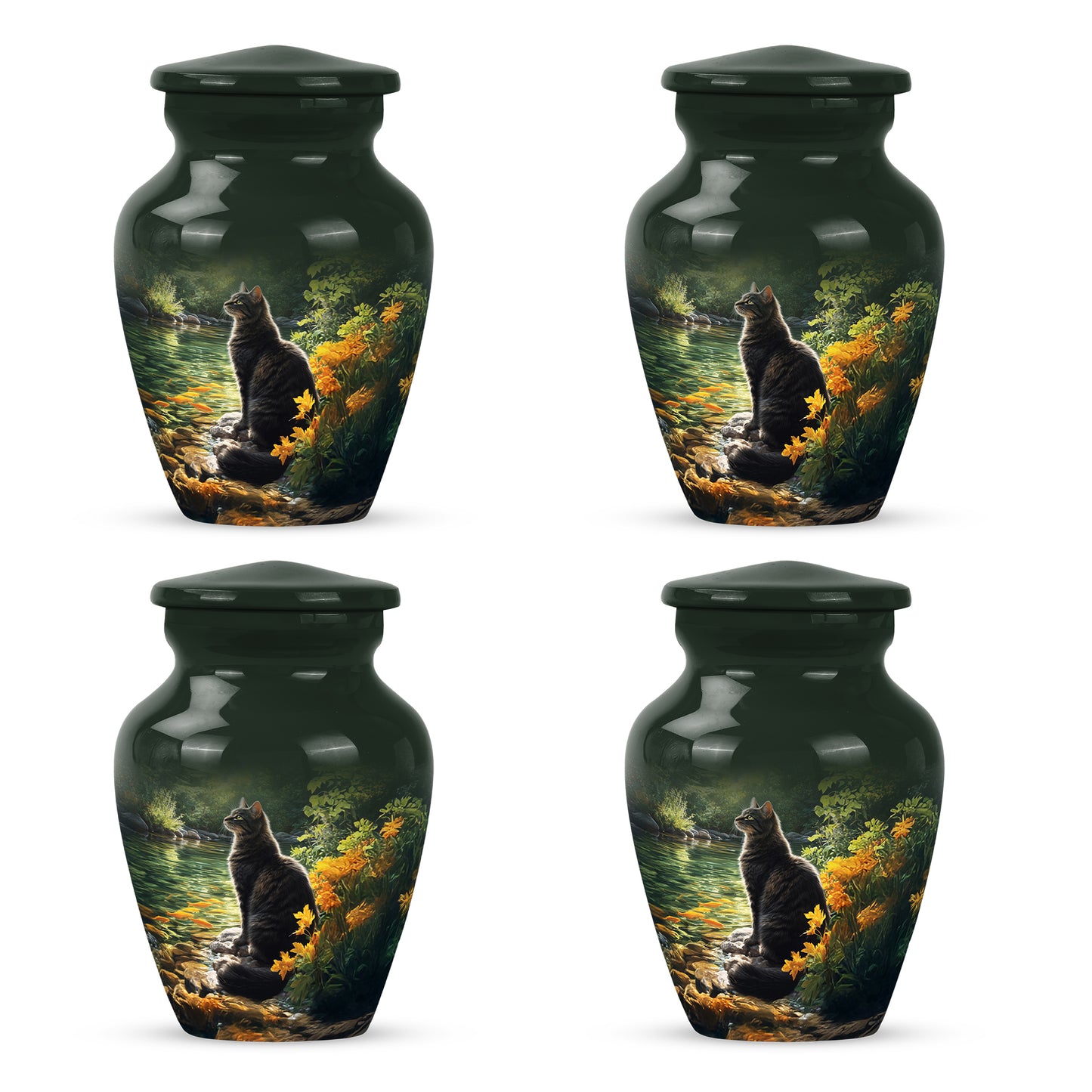 Rich Black Cat Cremation Urn side profile showing urn shape - timeless cat motif etched into premium metal - 10 inch aluminum urn for cremated remains