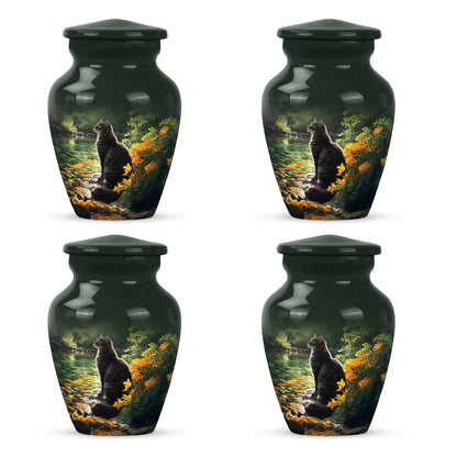 Rich Black Cat Cremation Urn side profile showing urn shape - timeless cat motif etched into premium metal - 10 inch aluminum urn for cremated remains