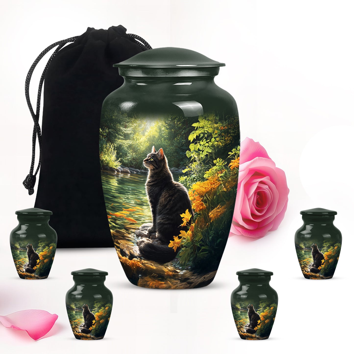 Midnight Black Cat Cremation Urn top-down view of secure threaded lid - elegant classic cat relief with fine detailing - memorial set with one large and four small urns