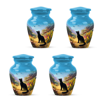 Indigo Cat Cremation Urn side profile showing urn shape - timeless cat motif etched into premium metal - 10 inch aluminum urn for cremated remains