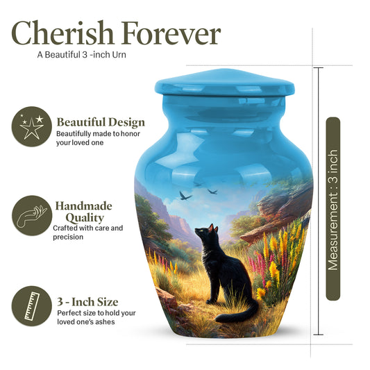 Indigo Cat Cremation Urn close-up of engraving and surface detail - timeless cat motif etched into premium metal - mini keepsake memorial for portion of cremation ashes