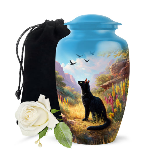 Pastel Blue Cat Cremation Urn angled view of lid and engraved motif - timeless cat motif etched into premium metal - full-size 10 inch 200 cubic inch adult cremation urn