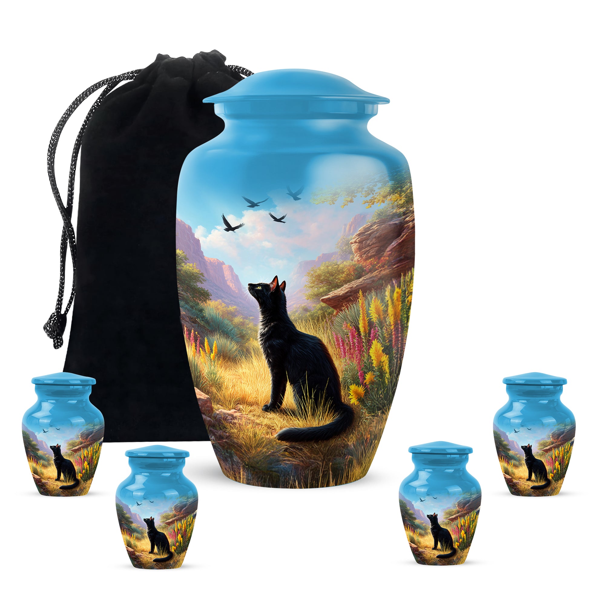 Celestial Blue Cat Cremation Urn top-down view of secure threaded lid - classic sculpted cat pattern on smooth aluminum - memorial set with one large and four small urns