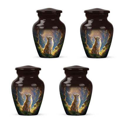 Fiery Red Cat Cremation Urn side profile showing urn shape - elegant classic cat relief with fine detailing - 10 inch aluminum urn for cremated remains