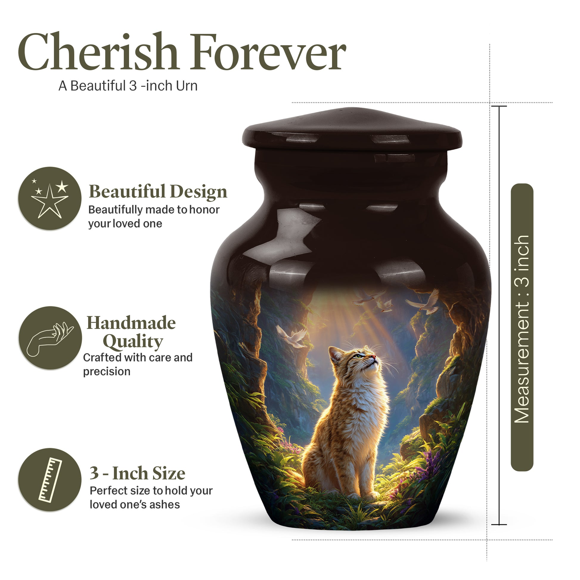 Burgundy Red Cat Cremation Urn close-up of engraving and surface detail - classic sculpted cat pattern on smooth aluminum - mini keepsake memorial for portion of cremation ashes