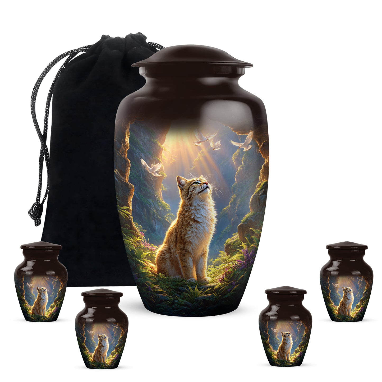 Scarlet Red Cat Cremation Urn top-down view of secure threaded lid - traditional cat engraving with hand-polished finish - memorial set with one large and four small urns