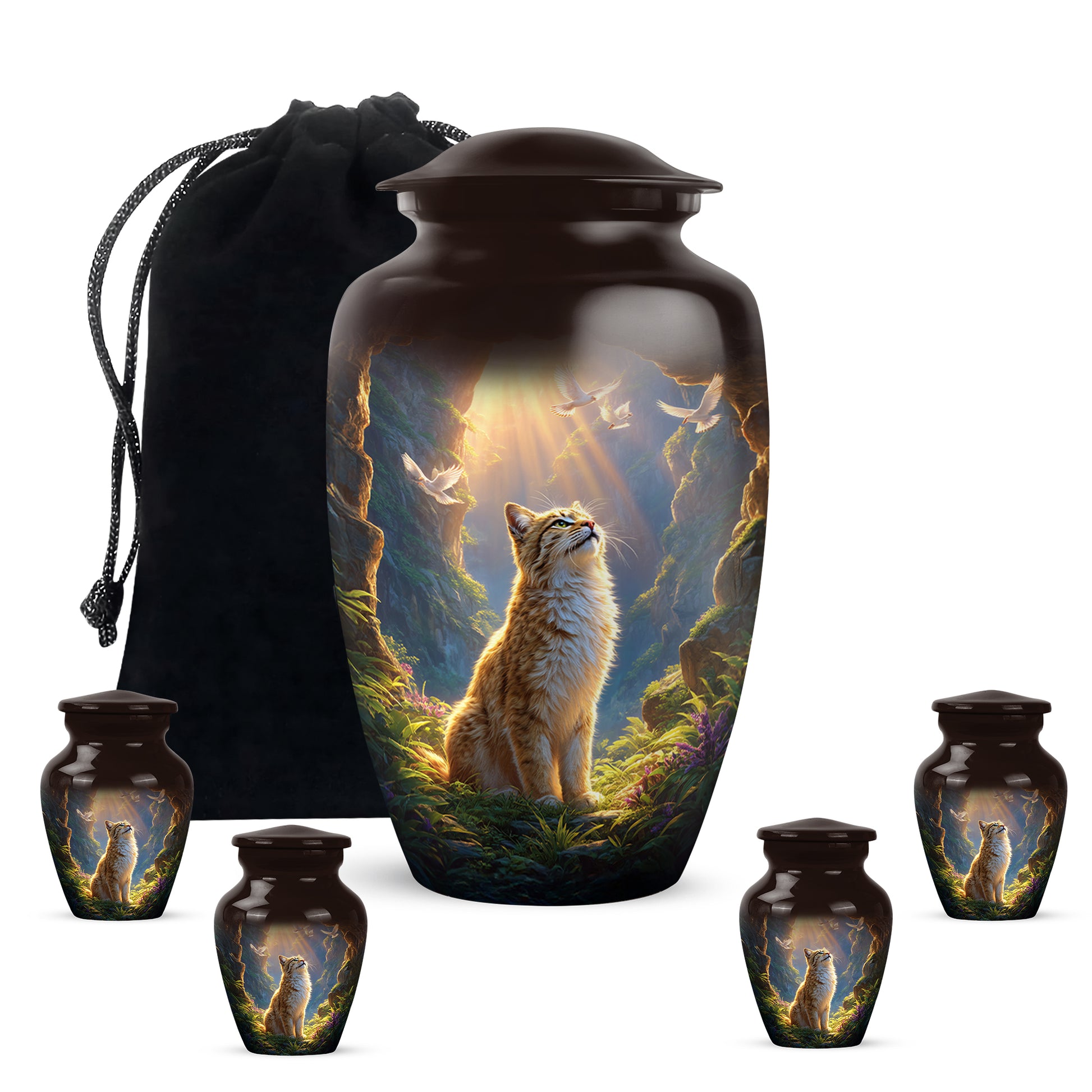 Scarlet Red Cat Cremation Urn top-down view of secure threaded lid - traditional cat engraving with hand-polished finish - memorial set with one large and four small urns
