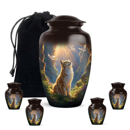 Scarlet Red Cat Cremation Urn top-down view of secure threaded lid - traditional cat engraving with hand-polished finish - memorial set with one large and four small urns