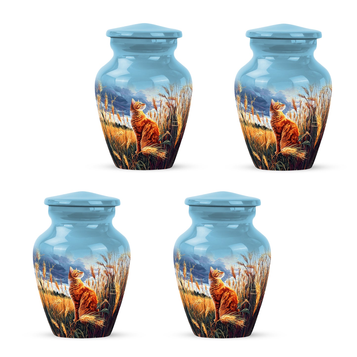 Celestial Blue Cat Cremation Urn side profile showing urn shape - timeless cat motif etched into premium metal - 10 inch aluminum urn for cremated remains